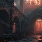 A cinematic shot of a long forgotten gothic ruins, where the forces of evil and good once battled. The picture was at twilight, with the suns rays casting long, macabre shadows, punctuated by sharp crepuscular rays breaking through the red mist. UHD wallpapers. Fantasy desktop backgrounds by Art by Innovation. Ruined stone aisle with arches, illuminated by a warm orange light streaming through a gothic window at the end.