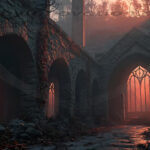 A cinematic shot of a long forgotten gothic ruins, where the forces of evil and good once battled. The picture was at twilight, with the suns rays casting long, macabre shadows, punctuated by sharp crepuscular rays breaking through the red mist. UHD wallpapers. Fantasy desktop backgrounds by Art by Innovation. Ruined stone aisle with arches, illuminated by a warm orange light streaming through a gothic window at the end.