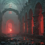 A cinematic shot of a long forgotten gothic ruins, where the forces of evil and good once battled. The picture was at twilight, with the suns rays casting long, macabre shadows, punctuated by sharp crepuscular rays breaking through the red mist. UHD wallpapers. Fantasy desktop backgrounds by Art by Innovation. Dim ancient cathedral ruin with tall stone arches glowing red from a fiery doorway at the far end.