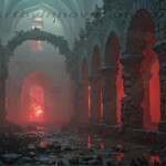 A cinematic shot of a long forgotten gothic ruins, where the forces of evil and good once battled. The picture was at twilight, with the suns rays casting long, macabre shadows, punctuated by sharp crepuscular rays breaking through the red mist. UHD wallpapers. Fantasy desktop backgrounds by Art by Innovation. Dim ancient cathedral ruin with tall stone arches glowing red from a fiery doorway at the far end.