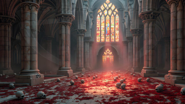 Intricate spider webs, weathered tombstones, dim ethereal moonlight, gnarled bare branches, low rolling fog, crepuscular rays, weeping angel statue, wrought-iron gate, mausoleum, vampire gothic, blood-red moon, dew on cobwebs, volumetric lighting, rim lighting, macabre shadows, photorealistic, hauntingly beautiful, eerie atmosphere, cinematic composition, deep contrast