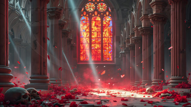 Intricate spider webs, weathered tombstones, dim ethereal moonlight, gnarled bare branches, low rolling fog, crepuscular rays, weeping angel statue, wrought-iron gate, mausoleum, vampire gothic, blood-red moon, dew on cobwebs, volumetric lighting, rim lighting, macabre shadows, photorealistic, hauntingly beautiful, eerie atmosphere, cinematic composition, deep contrast