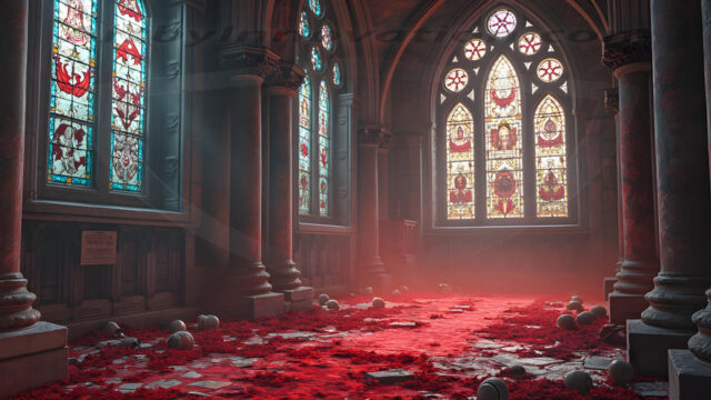 Intricate spider webs, weathered tombstones, dim ethereal moonlight, gnarled bare branches, low rolling fog, crepuscular rays, weeping angel statue, wrought-iron gate, mausoleum, vampire gothic, blood-red moon, dew on cobwebs, volumetric lighting, rim lighting, macabre shadows, photorealistic, hauntingly beautiful, eerie atmosphere, cinematic composition, deep contrast