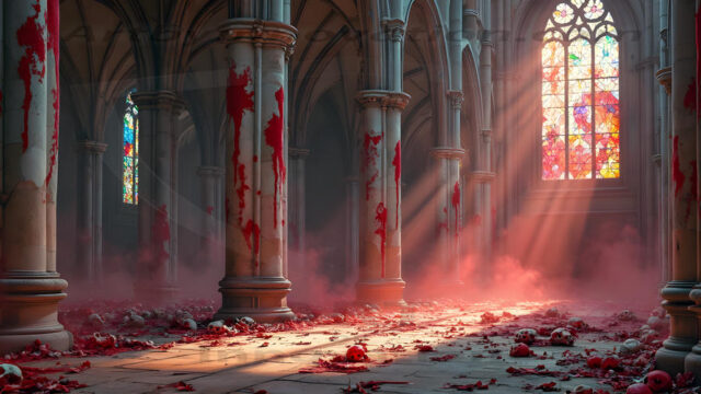 Intricate spider webs, weathered tombstones, dim ethereal moonlight, gnarled bare branches, low rolling fog, crepuscular rays, weeping angel statue, wrought-iron gate, mausoleum, vampire gothic, blood-red moon, dew on cobwebs, volumetric lighting, rim lighting, macabre shadows, photorealistic, hauntingly beautiful, eerie atmosphere, cinematic composition, deep contrast