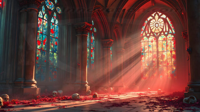 Intricate spider webs, weathered tombstones, dim ethereal moonlight, gnarled bare branches, low rolling fog, crepuscular rays, weeping angel statue, wrought-iron gate, mausoleum, vampire gothic, blood-red moon, dew on cobwebs, volumetric lighting, rim lighting, macabre shadows, photorealistic, hauntingly beautiful, eerie atmosphere, cinematic composition, deep contrast