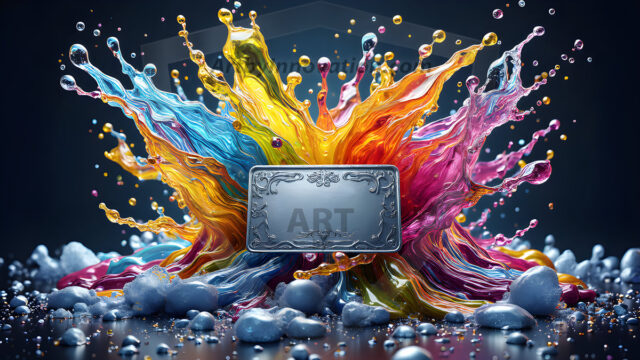 Logo Colored Water Dynamic: Amazing Digital Graphics Art Collection.
A Rainbow of Colored Water in Motion, using a colorful palette. Bursting out of the water, dynamitic flowing streams of color, with a metallic metal plate for a company logo.