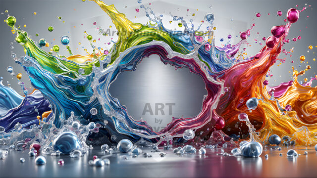 Logo Colored Water Dynamic: Amazing Digital Graphics Art Collection.
A Rainbow of Colored Water in Motion, using a colorful palette. Bursting out of the water, dynamitic flowing streams of color, with a metallic metal plate for a company logo.