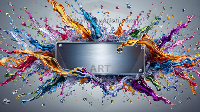 Logo Colored Water Dynamic: Amazing Digital Graphics Art Collection.
A Rainbow of Colored Water in Motion, using a colorful palette. Bursting out of the water, dynamitic flowing streams of color, with a metallic metal plate for a company logo.
