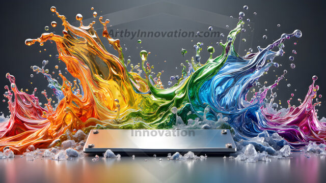 Logo Colored Water Dynamic: Amazing Digital Graphics Art Collection.
A Rainbow of Colored Water in Motion, using a colorful palette. Bursting out of the water, dynamitic flowing streams of color, with a metallic metal plate for a company logo.