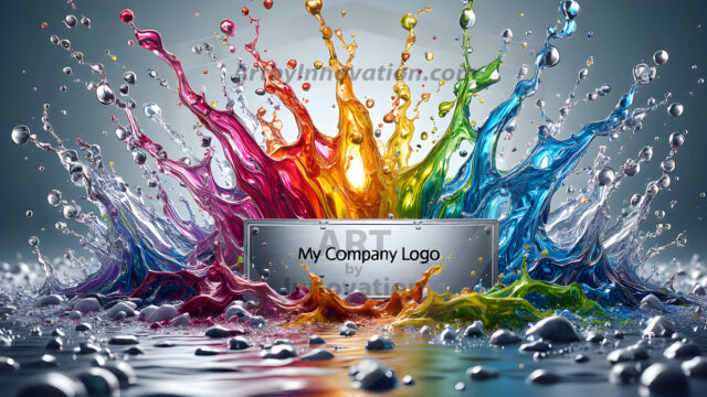 Logo Colored Water Dynamic: Amazing Digital Graphics Art Collection.
A Rainbow of Colored Water in Motion, using a colorful palette. Bursting out of the water, dynamitic flowing streams of color, with a metallic metal plate for a company logo.