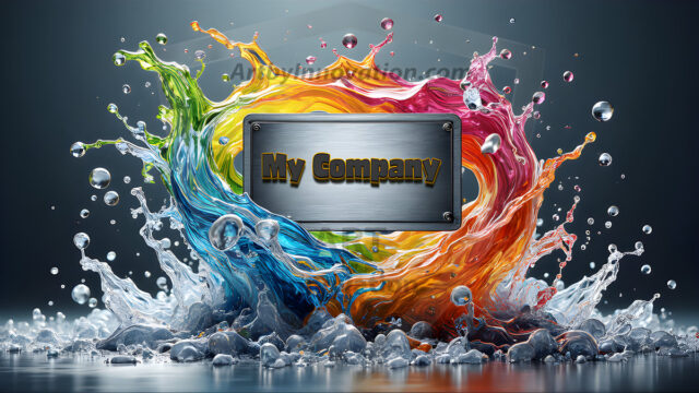 Logo Colored Water Dynamic: Amazing Digital Graphics Art Collection.
A Rainbow of Colored Water in Motion, using a colorful palette. Bursting out of the water, dynamitic flowing streams of color, with a metallic metal plate for a company logo.