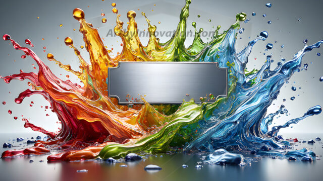Logo Colored Water Dynamic: Amazing Digital Graphics Art Collection.
A Rainbow of Colored Water in Motion, using a colorful palette. Bursting out of the water, dynamitic flowing streams of color, with a metallic metal plate for a company logo.