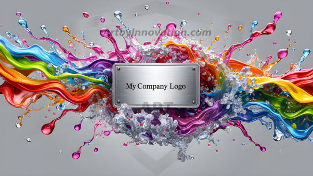 Logo Colored Water Dynamic: Amazing Digital Graphics Art Collection.
A Rainbow of Colored Water in Motion, using a colorful palette. Bursting out of the water, dynamitic flowing streams of color, with a metallic metal plate for a company logo.