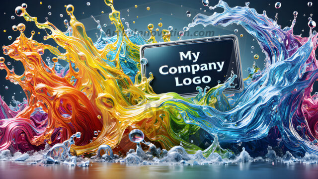 Logo Colored Water Dynamic: Amazing Digital Graphics Art Collection.
A Rainbow of Colored Water in Motion, using a colorful palette. Bursting out of the water, dynamitic flowing streams of color, with a metallic metal plate for a company logo.