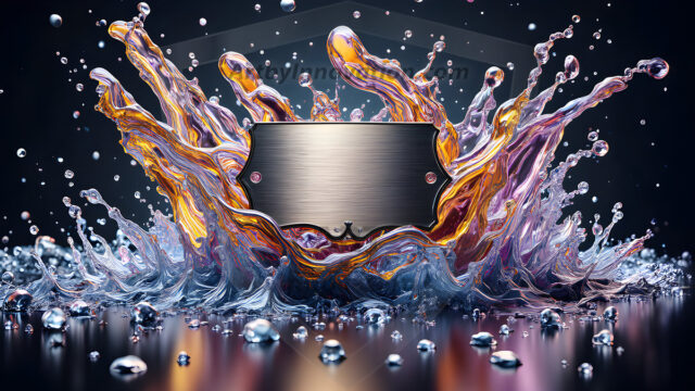 Logo Colored Water Dynamic: Amazing Digital Graphics Art Collection.
A Rainbow of Colored Water in Motion, using a colorful palette. Bursting out of the water, dynamitic flowing streams of color, with a metallic metal plate for a company logo.