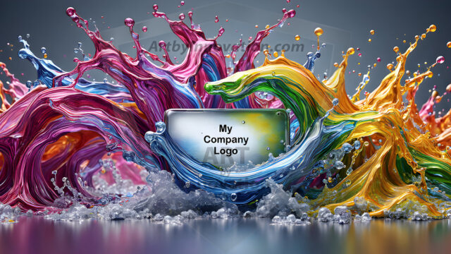 Logo Colored Water Dynamic: Amazing Digital Graphics Art Collection.
A Rainbow of Colored Water in Motion, using a colorful palette. Bursting out of the water, dynamitic flowing streams of color, with a metallic metal plate for a company logo.