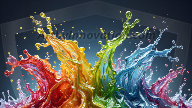 Logo Colored Water Dynamic: Amazing Digital Graphics Art Collection.
A Rainbow of Colored Water in Motion, using a colorful palette. Bursting out of the water, dynamitic flowing streams of color, with a metallic metal plate for a company logo.