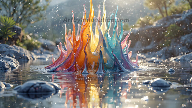 Logo Colored Water Dynamic: Amazing Digital Graphics Art Collection.
A Rainbow of Colored Water in Motion, using a colorful palette. Bursting out of the water, dynamitic flowing streams of color, with a metallic metal plate for a company logo.