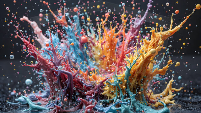 Logo Colored Water Dynamic: Amazing Digital Graphics Art Collection.
A Rainbow of Colored Water in Motion, using a colorful palette. Bursting out of the water, dynamitic flowing streams of color, with a metallic metal plate for a company logo.