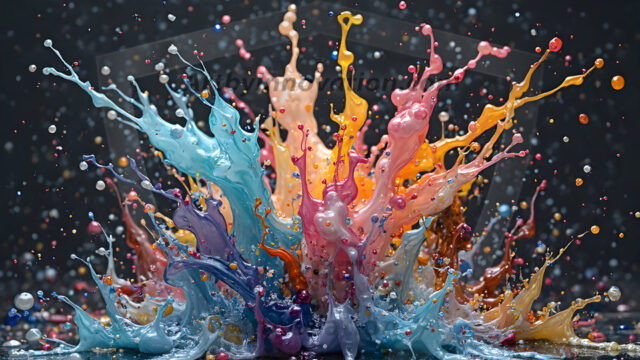 Logo Colored Water Dynamic: Amazing Digital Graphics Art Collection.
A Rainbow of Colored Water in Motion, using a colorful palette. Bursting out of the water, dynamitic flowing streams of color, with a metallic metal plate for a company logo.