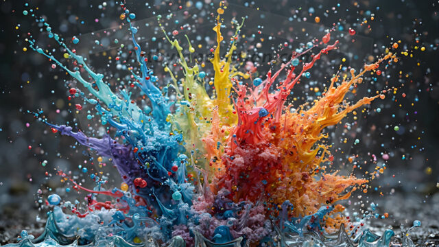 Logo Colored Water Dynamic: Amazing Digital Graphics Art Collection.
A Rainbow of Colored Water in Motion, using a colorful palette. Bursting out of the water, dynamitic flowing streams of color, with a metallic metal plate for a company logo.