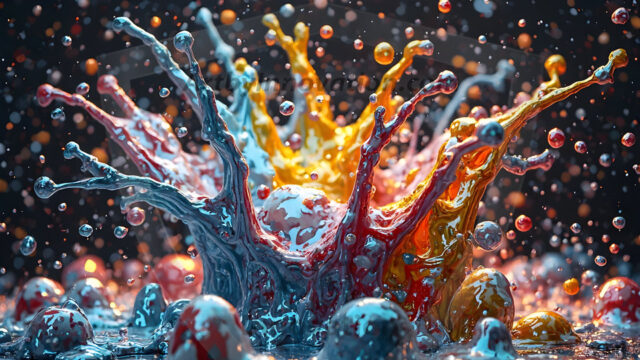 Logo Colored Water Dynamic: Amazing Digital Graphics Art Collection.
A Rainbow of Colored Water in Motion, using a colorful palette. Bursting out of the water, dynamitic flowing streams of color, with a metallic metal plate for a company logo.