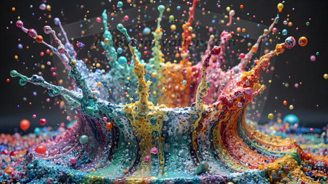 Logo Colored Water Dynamic: Amazing Digital Graphics Art Collection.
A Rainbow of Colored Water in Motion, using a colorful palette. Bursting out of the water, dynamitic flowing streams of color, with a metallic metal plate for a company logo.