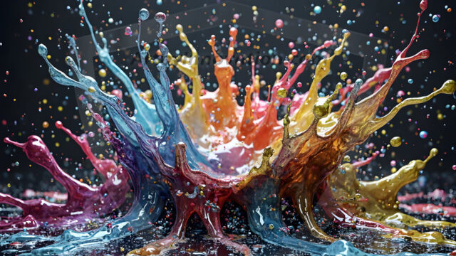 Logo Colored Water Dynamic: Amazing Digital Graphics Art Collection.
A Rainbow of Colored Water in Motion, using a colorful palette. Bursting out of the water, dynamitic flowing streams of color, with a metallic metal plate for a company logo.