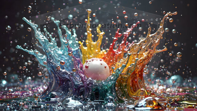 Logo Colored Water Dynamic: Amazing Digital Graphics Art Collection.
A Rainbow of Colored Water in Motion, using a colorful palette. Bursting out of the water, dynamitic flowing streams of color, with a metallic metal plate for a company logo.