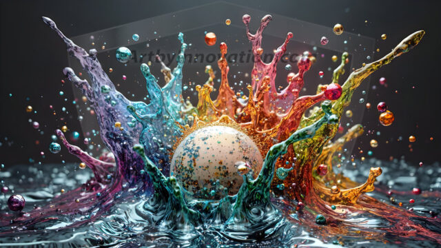 Logo Colored Water Dynamic: Amazing Digital Graphics Art Collection.
A Rainbow of Colored Water in Motion, using a colorful palette. Bursting out of the water, dynamitic flowing streams of color, with a metallic metal plate for a company logo.