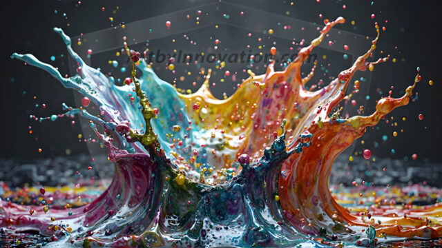 Logo Colored Water Dynamic: Amazing Digital Graphics Art Collection.
A Rainbow of Colored Water in Motion, using a colorful palette. Bursting out of the water, dynamitic flowing streams of color, with a metallic metal plate for a company logo.