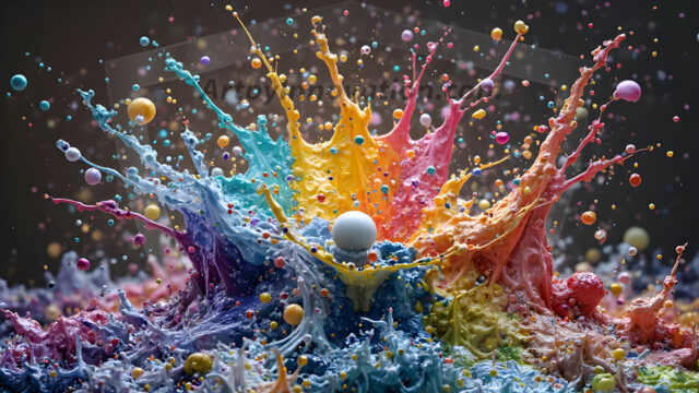 Logo Colored Water Dynamic: Amazing Digital Graphics Art Collection.
A Rainbow of Colored Water in Motion, using a colorful palette. Bursting out of the water, dynamitic flowing streams of color, with a metallic metal plate for a company logo.