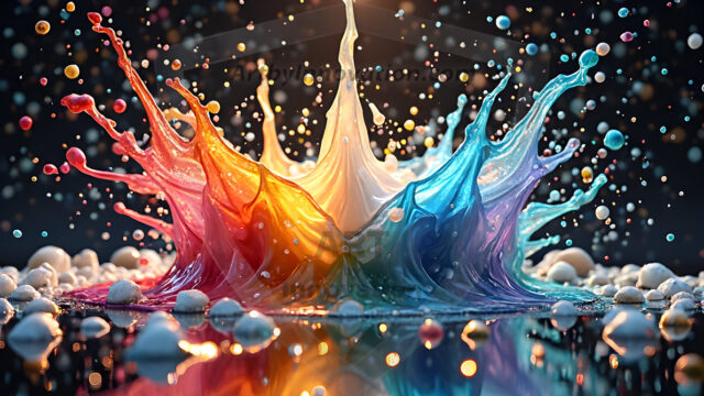 Logo Colored Water Dynamic: Amazing Digital Graphics Art Collection.
A Rainbow of Colored Water in Motion, using a colorful palette. Bursting out of the water, dynamitic flowing streams of color, with a metallic metal plate for a company logo.