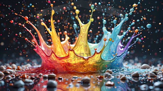 Logo Colored Water Dynamic: Amazing Digital Graphics Art Collection.
A Rainbow of Colored Water in Motion, using a colorful palette. Bursting out of the water, dynamitic flowing streams of color, with a metallic metal plate for a company logo.