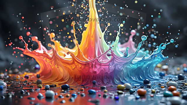 Logo Colored Water Dynamic: Amazing Digital Graphics Art Collection.
A Rainbow of Colored Water in Motion, using a colorful palette. Bursting out of the water, dynamitic flowing streams of color, with a metallic metal plate for a company logo.