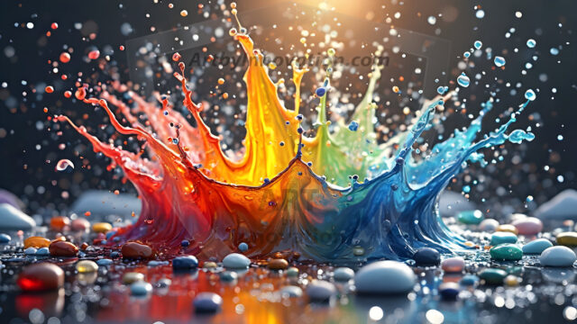 Logo Colored Water Dynamic: Amazing Digital Graphics Art Collection.
A Rainbow of Colored Water in Motion, using a colorful palette. Bursting out of the water, dynamitic flowing streams of color, with a metallic metal plate for a company logo.
