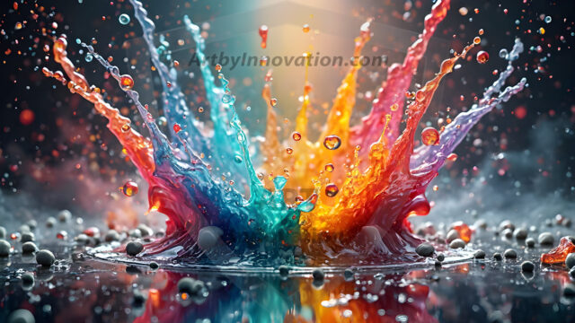 Logo Colored Water Dynamic: Amazing Digital Graphics Art Collection.
A Rainbow of Colored Water in Motion, using a colorful palette. Bursting out of the water, dynamitic flowing streams of color, with a metallic metal plate for a company logo.