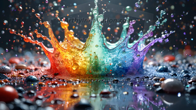 Logo Colored Water Dynamic: Amazing Digital Graphics Art Collection.
A Rainbow of Colored Water in Motion, using a colorful palette. Bursting out of the water, dynamitic flowing streams of color, with a metallic metal plate for a company logo.