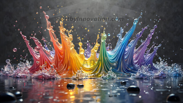 Logo Colored Water Dynamic: Amazing Digital Graphics Art Collection.
A Rainbow of Colored Water in Motion, using a colorful palette. Bursting out of the water, dynamitic flowing streams of color, with a metallic metal plate for a company logo.