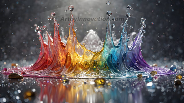 Logo Colored Water Dynamic: Amazing Digital Graphics Art Collection.
A Rainbow of Colored Water in Motion, using a colorful palette. Bursting out of the water, dynamitic flowing streams of color, with a metallic metal plate for a company logo.