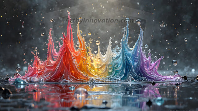 Logo Colored Water Dynamic: Amazing Digital Graphics Art Collection.
A Rainbow of Colored Water in Motion, using a colorful palette. Bursting out of the water, dynamitic flowing streams of color, with a metallic metal plate for a company logo.
