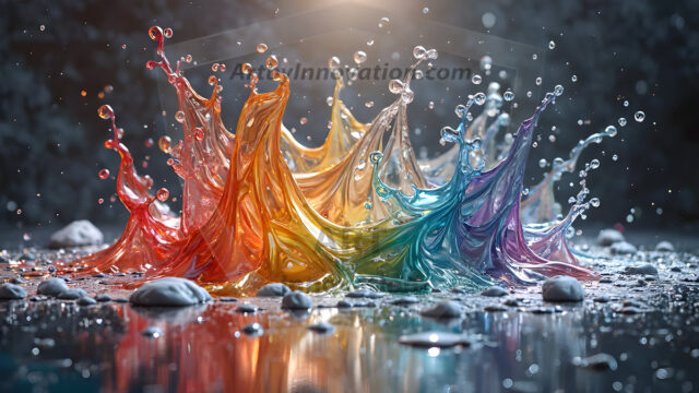 Logo Colored Water Dynamic: Amazing Digital Graphics Art Collection.
A Rainbow of Colored Water in Motion, using a colorful palette. Bursting out of the water, dynamitic flowing streams of color, with a metallic metal plate for a company logo.