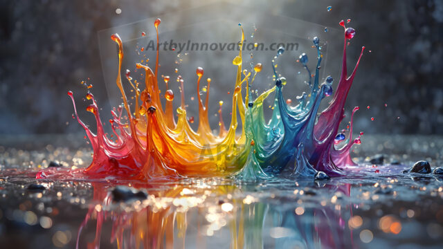 Logo Colored Water Dynamic: Amazing Digital Graphics Art Collection.
A Rainbow of Colored Water in Motion, using a colorful palette. Bursting out of the water, dynamitic flowing streams of color, with a metallic metal plate for a company logo.
