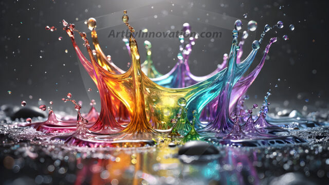 Logo Colored Water Dynamic: Amazing Digital Graphics Art Collection.
A Rainbow of Colored Water in Motion, using a colorful palette. Bursting out of the water, dynamitic flowing streams of color, with a metallic metal plate for a company logo.