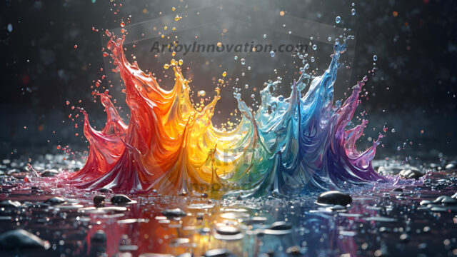 Logo Colored Water Dynamic: Amazing Digital Graphics Art Collection.
A Rainbow of Colored Water in Motion, using a colorful palette. Bursting out of the water, dynamitic flowing streams of color, with a metallic metal plate for a company logo.