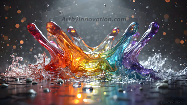 Logo Colored Water Dynamic: Amazing Digital Graphics Art Collection.
A Rainbow of Colored Water in Motion, using a colorful palette. Bursting out of the water, dynamitic flowing streams of color, with a metallic metal plate for a company logo.