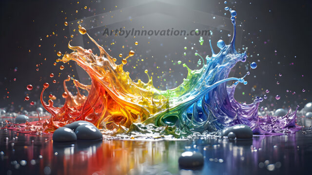 Logo Colored Water Dynamic: Amazing Digital Graphics Art Collection.
A Rainbow of Colored Water in Motion, using a colorful palette. Bursting out of the water, dynamitic flowing streams of color, with a metallic metal plate for a company logo.