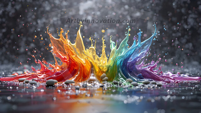 Logo Colored Water Dynamic: Amazing Digital Graphics Art Collection.
A Rainbow of Colored Water in Motion, using a colorful palette. Bursting out of the water, dynamitic flowing streams of color, with a metallic metal plate for a company logo.