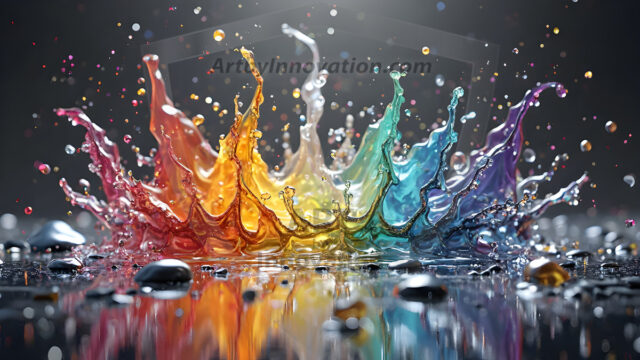 Logo Colored Water Dynamic: Amazing Digital Graphics Art Collection.
A Rainbow of Colored Water in Motion, using a colorful palette. Bursting out of the water, dynamitic flowing streams of color, with a metallic metal plate for a company logo.