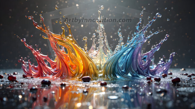 Logo Colored Water Dynamic: Amazing Digital Graphics Art Collection.
A Rainbow of Colored Water in Motion, using a colorful palette. Bursting out of the water, dynamitic flowing streams of color, with a metallic metal plate for a company logo.